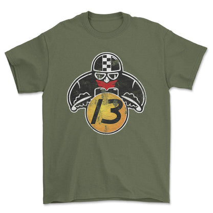 Nr 13 Biker Vintage Style Unisex T-Shirt , Bomuld-Beklædning-Nr-Grøn Militær-S-Forside-Garage Culture Shop- garage - man cave - merchandise