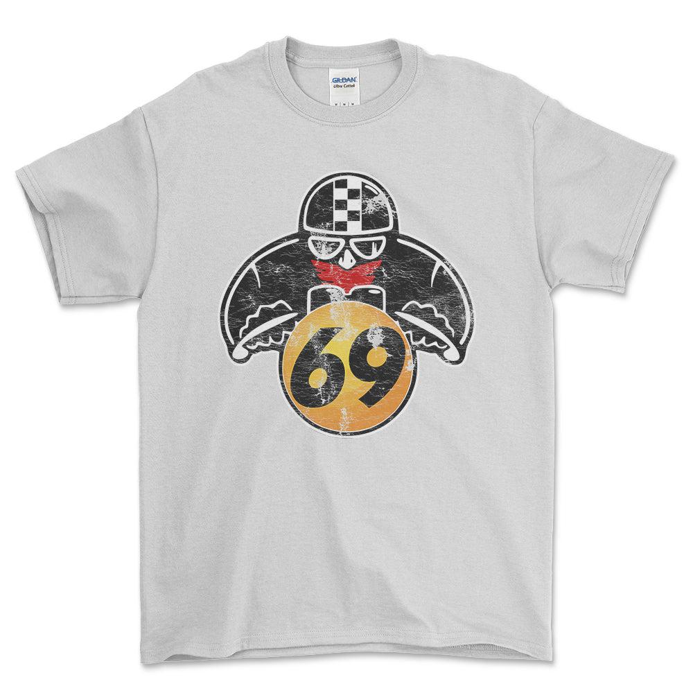 Nr 69 Biker Vintage Style Unisex T-Shirt , Bomuld-Beklædning-Nr-Hvid-S-Forside-Garage Culture Shop- garage - man cave - merchandise
