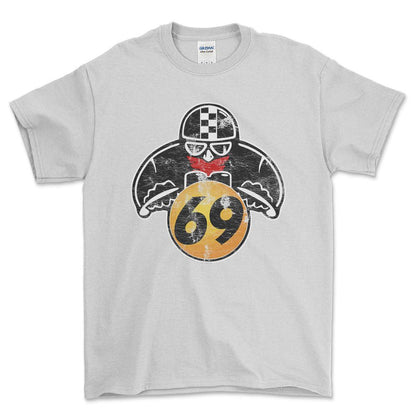 Nr 69 Biker Vintage Style Unisex T-Shirt , Bomuld-Beklædning-Nr-Hvid-S-Forside-Garage Culture Shop- garage - man cave - merchandise