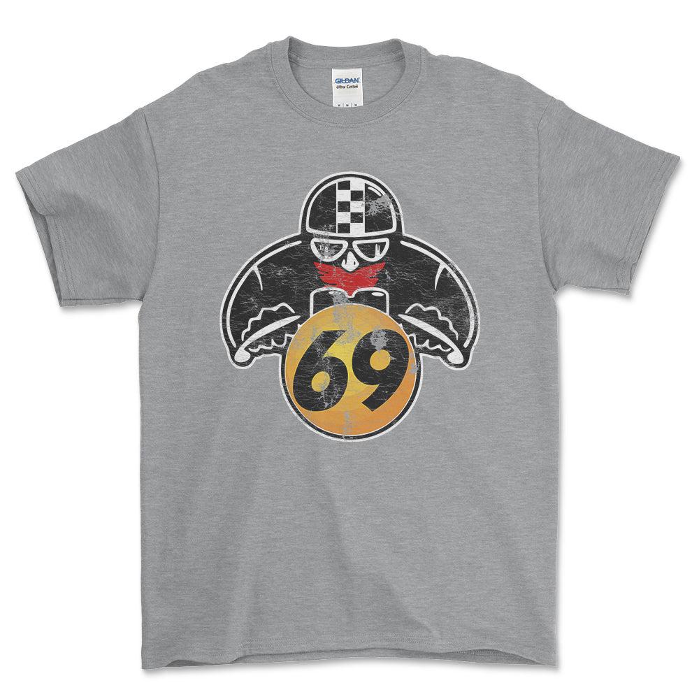Nr 69 Biker Vintage Style Unisex T-Shirt , Bomuld-Beklædning-Nr-Grå Sport-S-Forside-Garage Culture Shop- garage - man cave - merchandise