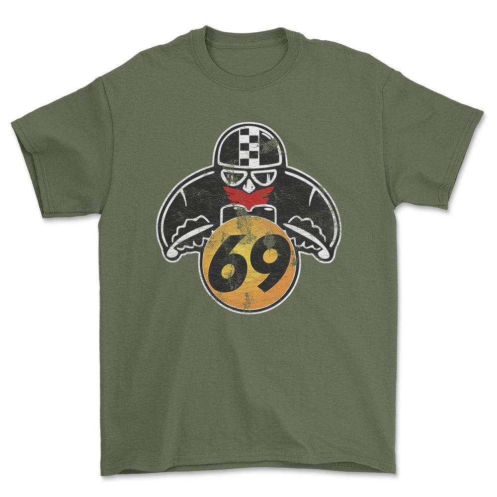 Nr 69 Biker Vintage Style Unisex T-Shirt , Bomuld-Beklædning-Nr-Grøn Militær-S-Forside-Garage Culture Shop- garage - man cave - merchandise