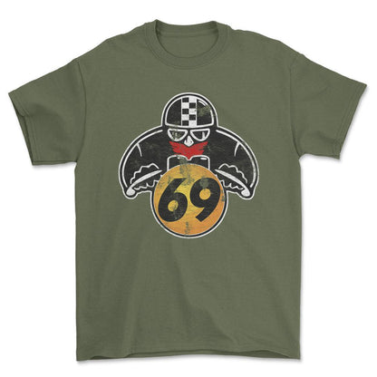 Nr 69 Biker Vintage Style Unisex T-Shirt , Bomuld-Beklædning-Nr-Grøn Militær-S-Forside-Garage Culture Shop- garage - man cave - merchandise
