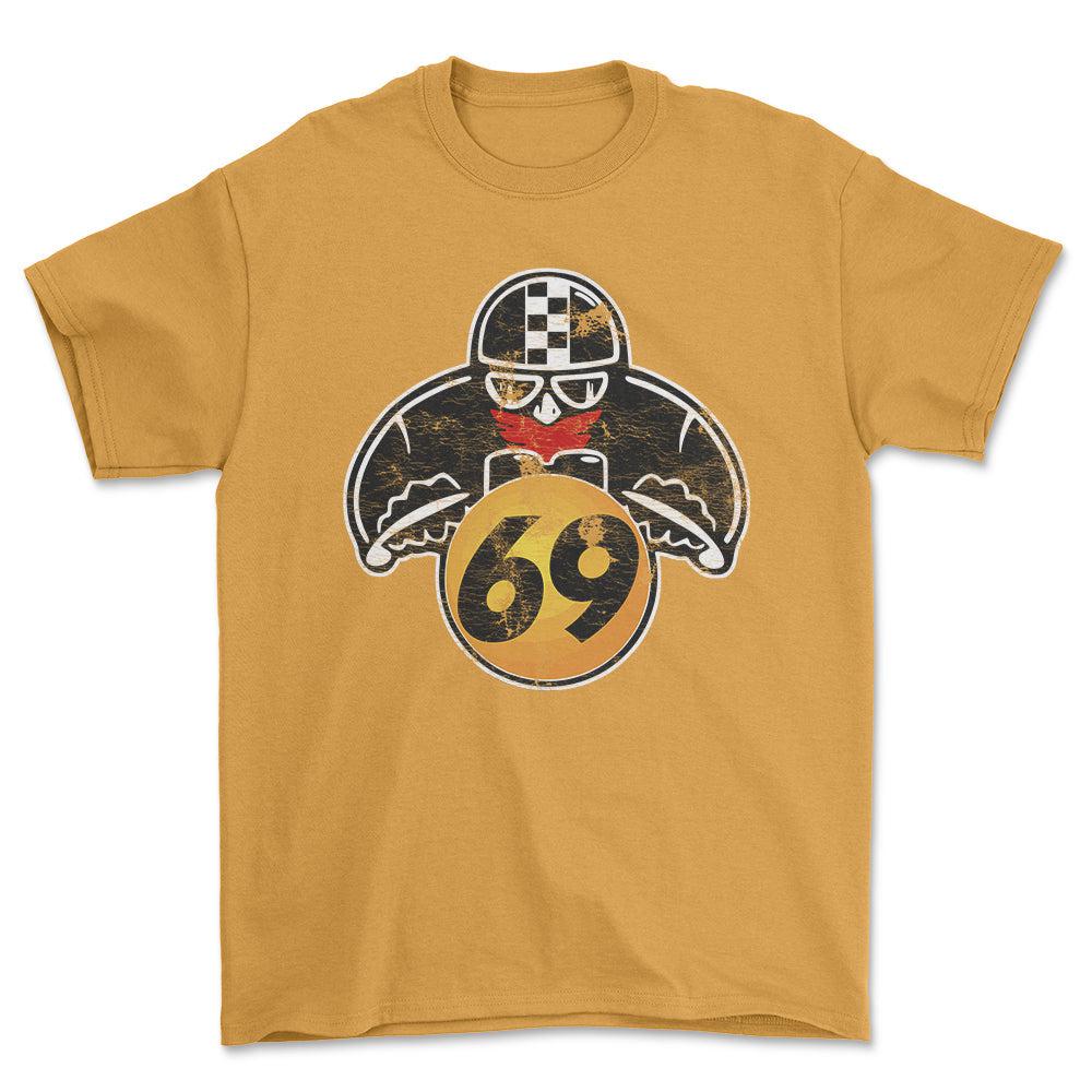 Nr 69 Biker Vintage Style Unisex T-Shirt , Bomuld-Beklædning-Nr-Guld-S-Forside-Garage Culture Shop- garage - man cave - merchandise