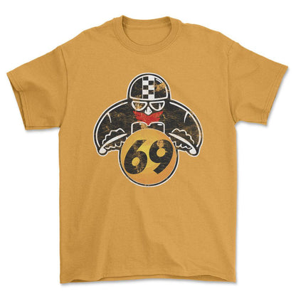 Nr 69 Biker Vintage Style Unisex T-Shirt , Bomuld-Beklædning-Nr-Guld-S-Forside-Garage Culture Shop- garage - man cave - merchandise