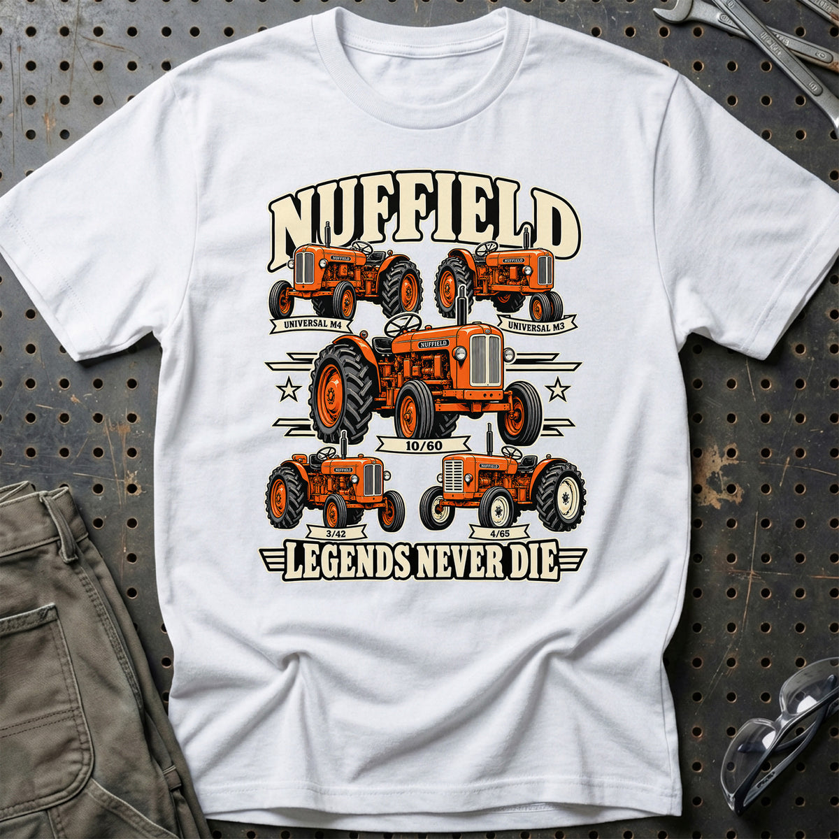 Nuffield Legends Never Die T-Shirt-Beklædning-Nuffield-Hvid-S-Garage Culture Shop- garage - man cave - merchandise