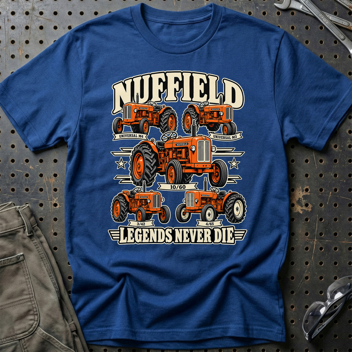 Nuffield Legends Never Die T-Shirt-Beklædning-Nuffield-Blå Royal-S-Garage Culture Shop- garage - man cave - merchandise