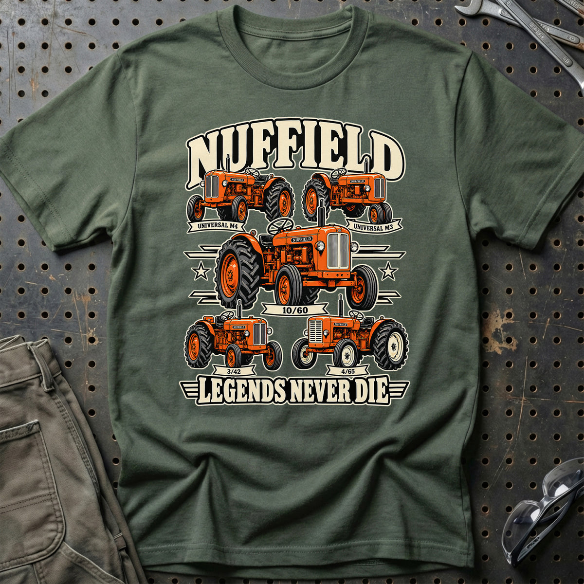 Nuffield Legends Never Die T-Shirt-Beklædning-Nuffield-Grøn Militær-S-Garage Culture Shop- garage - man cave - merchandise