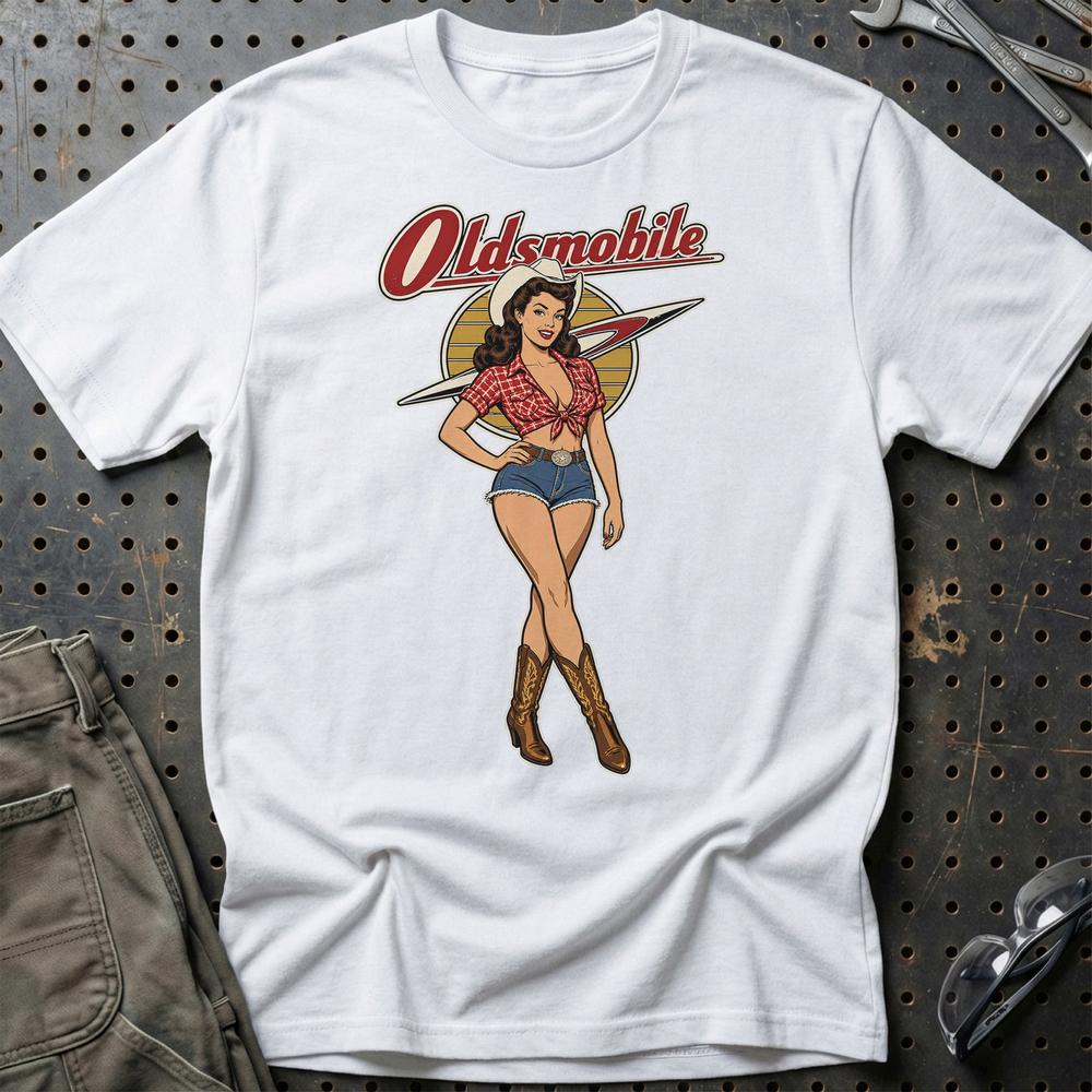 Oldsmobile Cowboy Pinup T-Shirt-Beklædning-Oldsmobile-Hvid-S-Garage Culture Shop- garage - man cave - merchandise