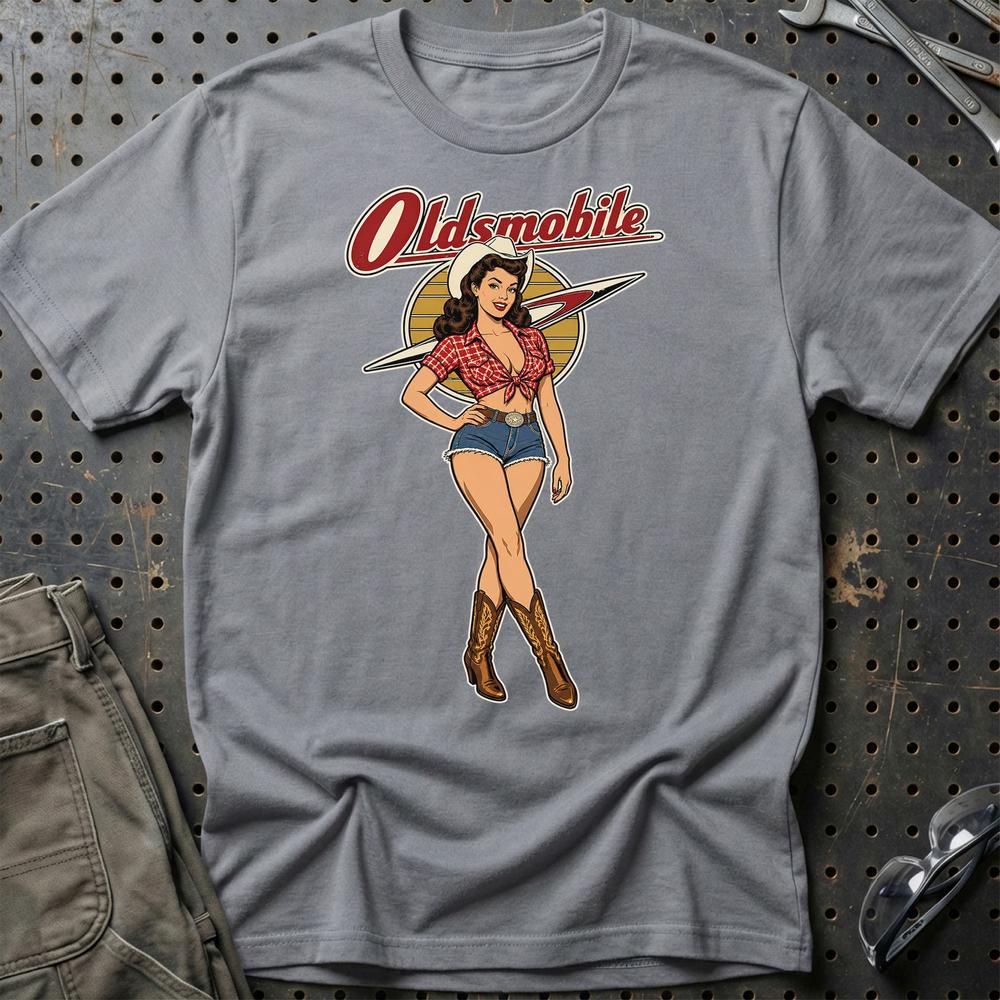 Oldsmobile Cowboy Pinup T-Shirt-Beklædning-Oldsmobile-Grå Sport-S-Garage Culture Shop- garage - man cave - merchandise