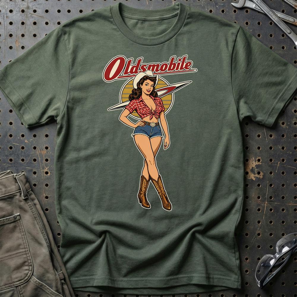 Oldsmobile Cowboy Pinup T-Shirt-Beklædning-Oldsmobile-Grøn Militær-S-Garage Culture Shop- garage - man cave - merchandise