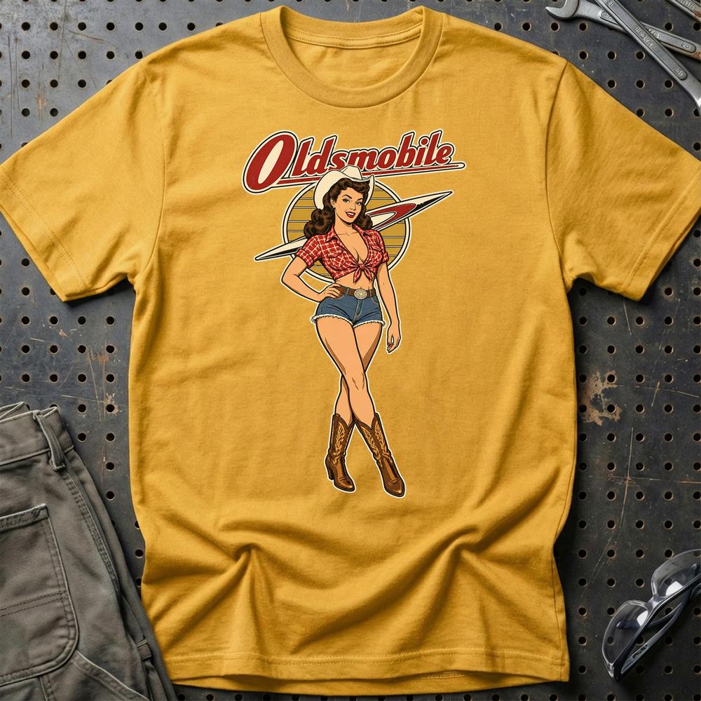Oldsmobile Cowboy Pinup T-Shirt-Beklædning-Oldsmobile-Guld-S-Garage Culture Shop- garage - man cave - merchandise