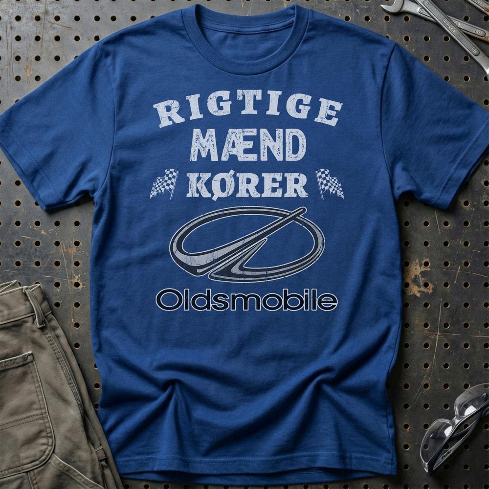 Oldsmobile Rigtige Mænd Kører - Unisex T-Shirt , Bomuld-Beklædning-Oldsmobile-Blå Royal-S-Garage Culture Shop- garage - man cave - merchandise