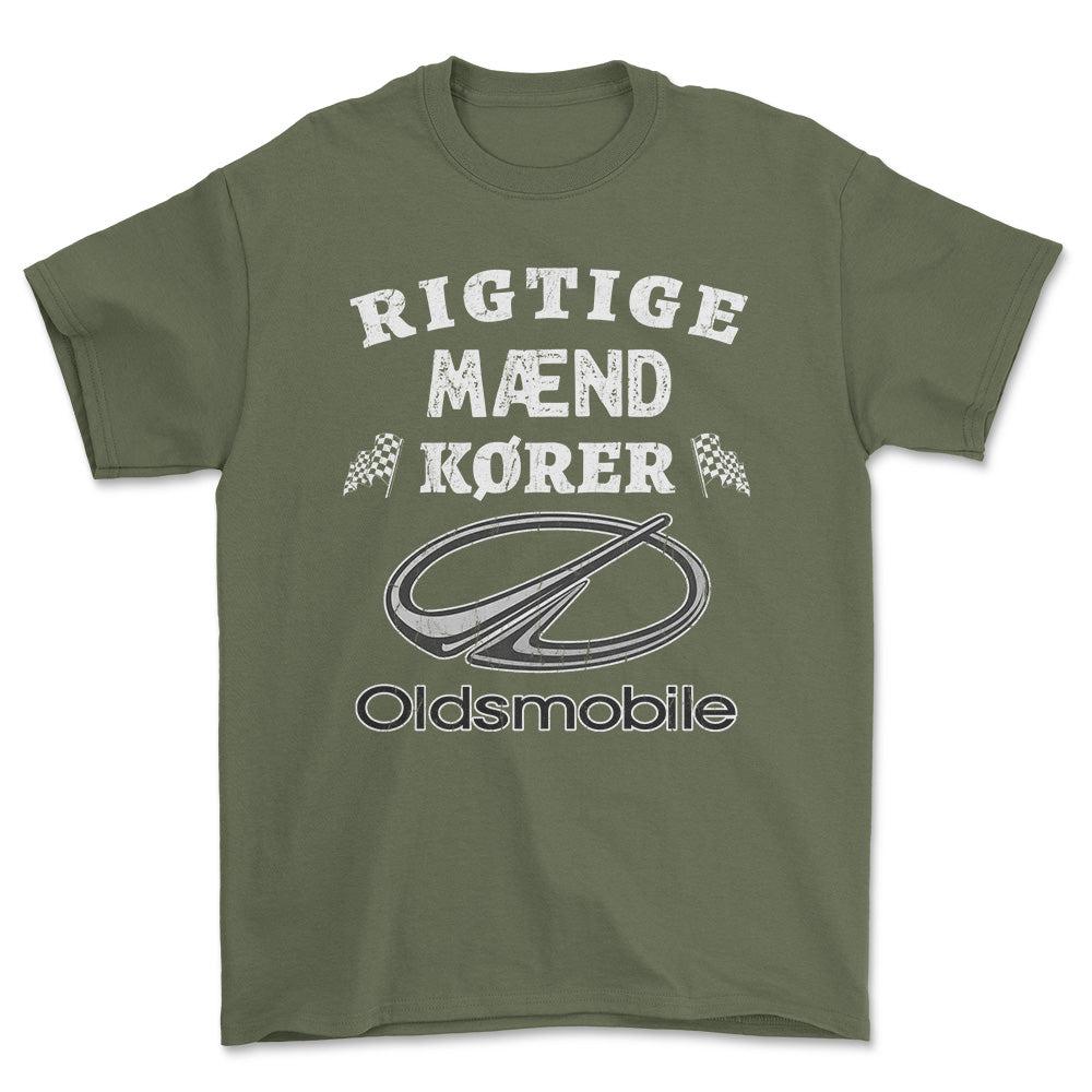 Oldsmobile Rigtige Mænd Kører - Unisex T-Shirt , Bomuld-Beklædning-Oldsmobile-Grøn Militær-S-Forside-Garage Culture Shop- garage - man cave - merchandise