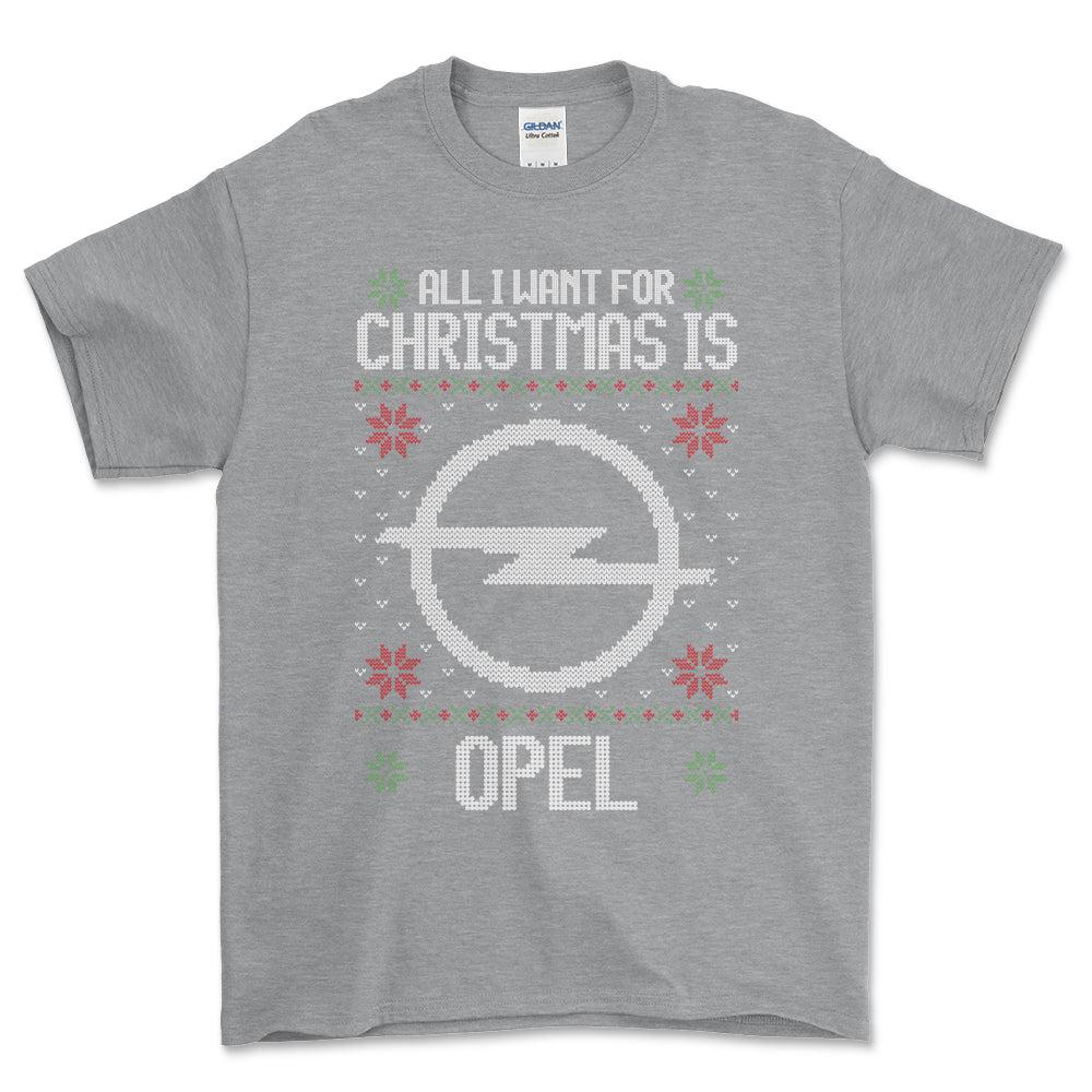 Opel - All I Want For Christmas - Unisex T-Shirt , Bomuld-Beklædning-Opel-Grå Sport-S-Forside-Garage Culture Shop- garage - man cave - merchandise