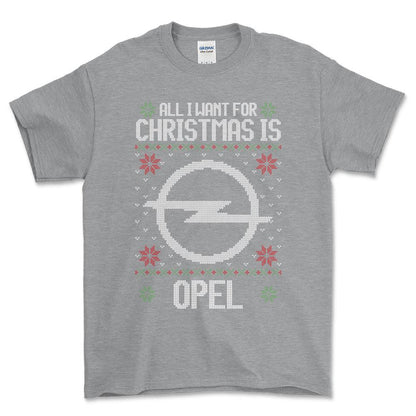 Opel - All I Want For Christmas - Unisex T-Shirt , Bomuld-Beklædning-Opel-Grå Sport-S-Forside-Garage Culture Shop- garage - man cave - merchandise