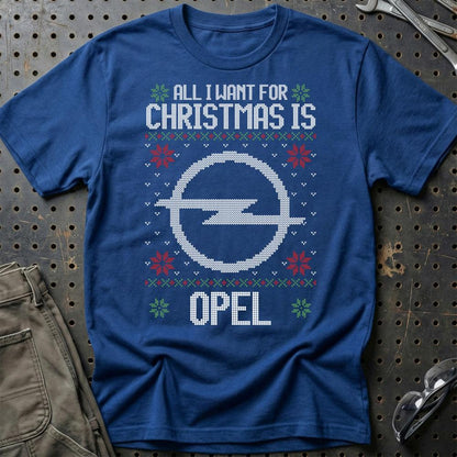 Opel - All I Want For Christmas - Unisex T-Shirt , Bomuld-Beklædning-Opel-Blå Royal-S-Garage Culture Shop- garage - man cave - merchandise