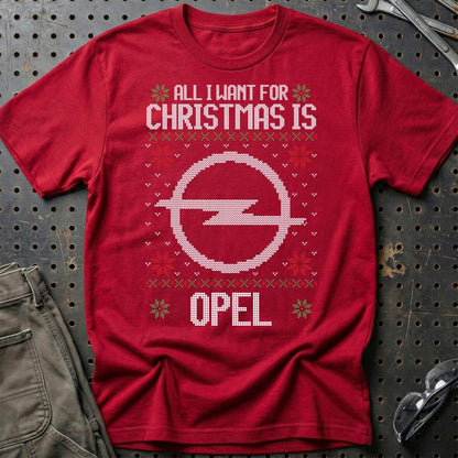 Opel - All I Want For Christmas - Unisex T-Shirt , Bomuld-Beklædning-Opel-Rød-S-Garage Culture Shop- garage - man cave - merchandise