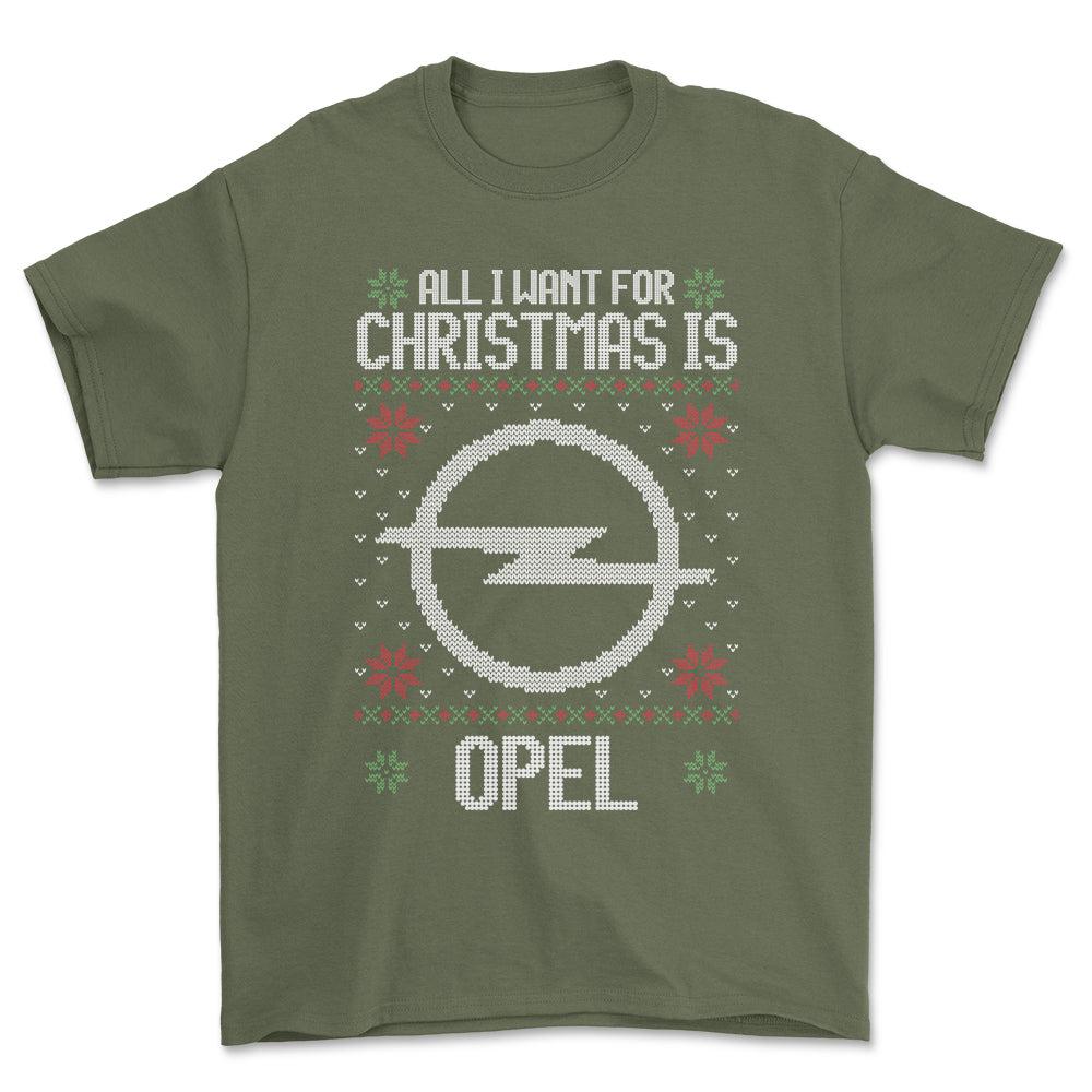Opel - All I Want For Christmas - Unisex T-Shirt , Bomuld-Beklædning-Opel-Grøn Militær-S-Forside-Garage Culture Shop- garage - man cave - merchandise