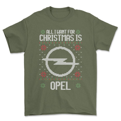 Opel - All I Want For Christmas - Unisex T-Shirt , Bomuld-Beklædning-Opel-Grøn Militær-S-Forside-Garage Culture Shop- garage - man cave - merchandise