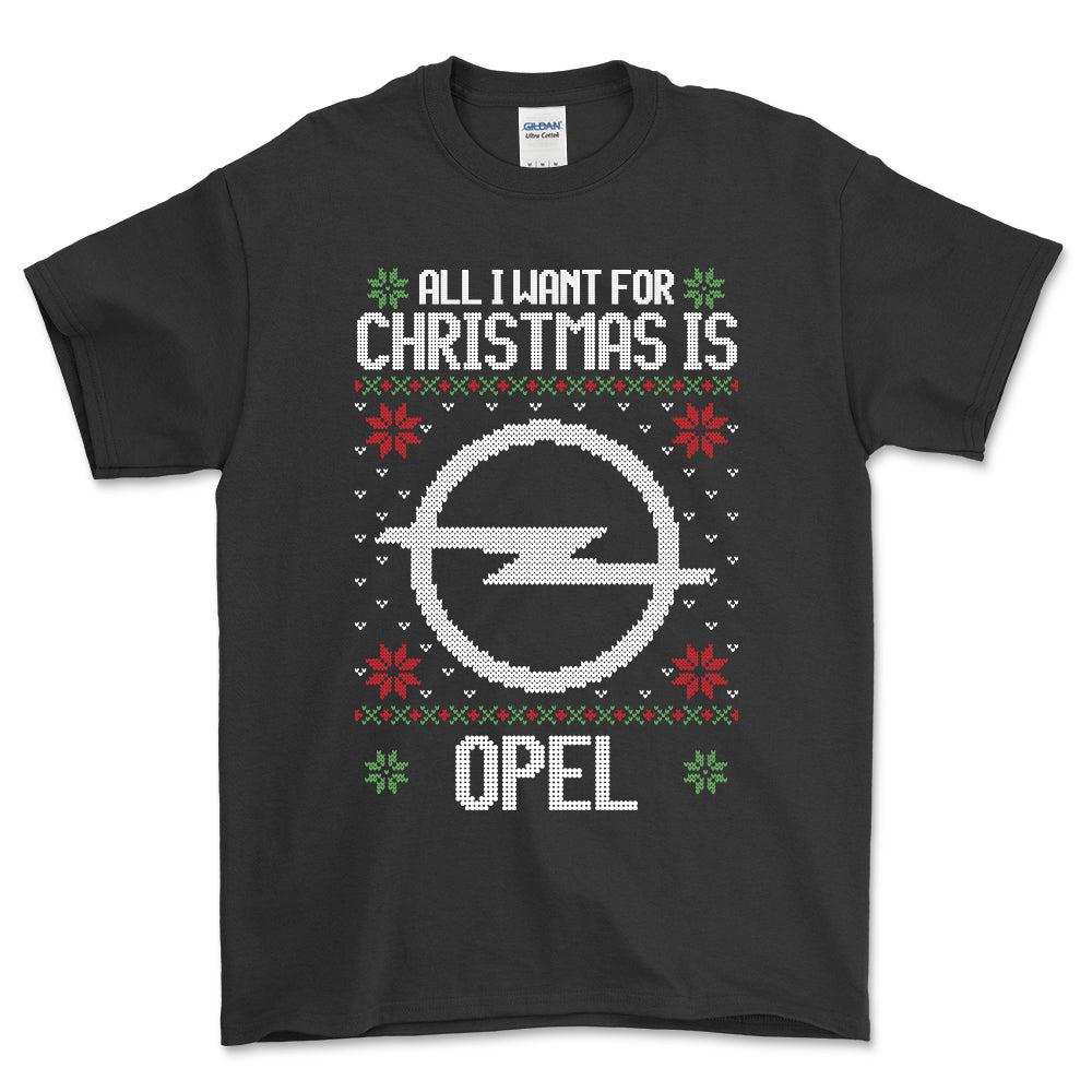 Opel - All I Want For Christmas - Unisex T-Shirt , Bomuld-Beklædning-Opel-Sort-S-Forside-Garage Culture Shop- garage - man cave - merchandise