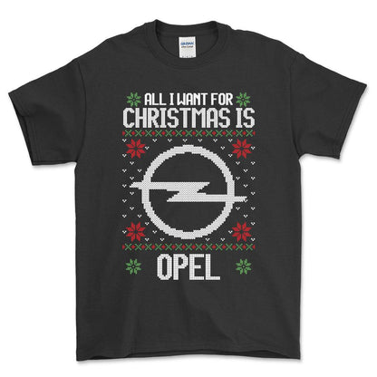 Opel - All I Want For Christmas - Unisex T-Shirt , Bomuld-Beklædning-Opel-Sort-S-Forside-Garage Culture Shop- garage - man cave - merchandise