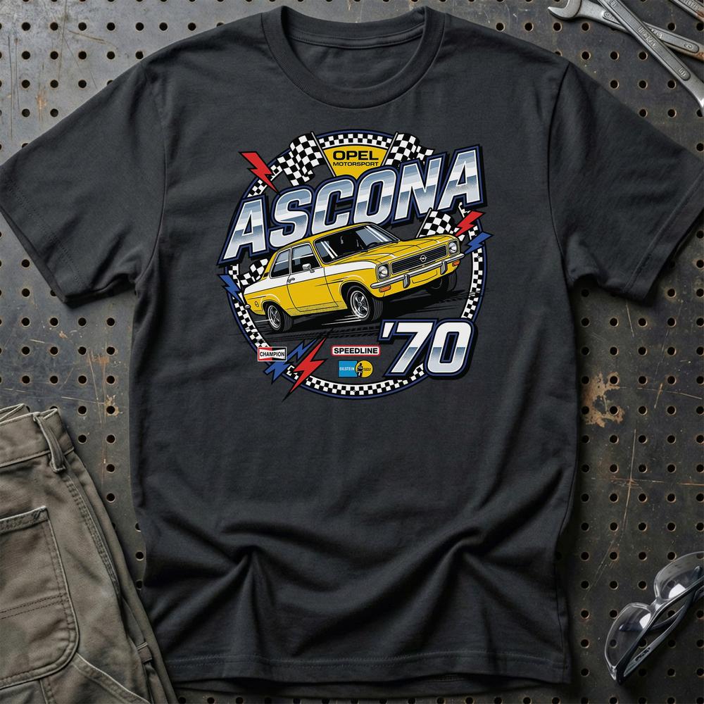 Opel Ascona A 1970 Motorsport Klassisk Ikon T-Shirt-Beklædning-Opel-Sort-S-Garage Culture Shop- garage - man cave - merchandise