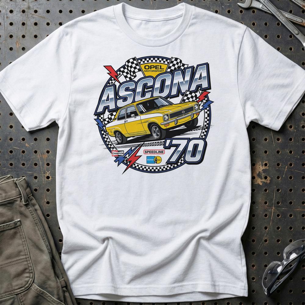 Opel Ascona A 1970 Motorsport Klassisk Ikon - Unisex T-Shirt-Beklædning-Opel-Hvid-S-Garage Culture Shop- garage - man cave - merchandise