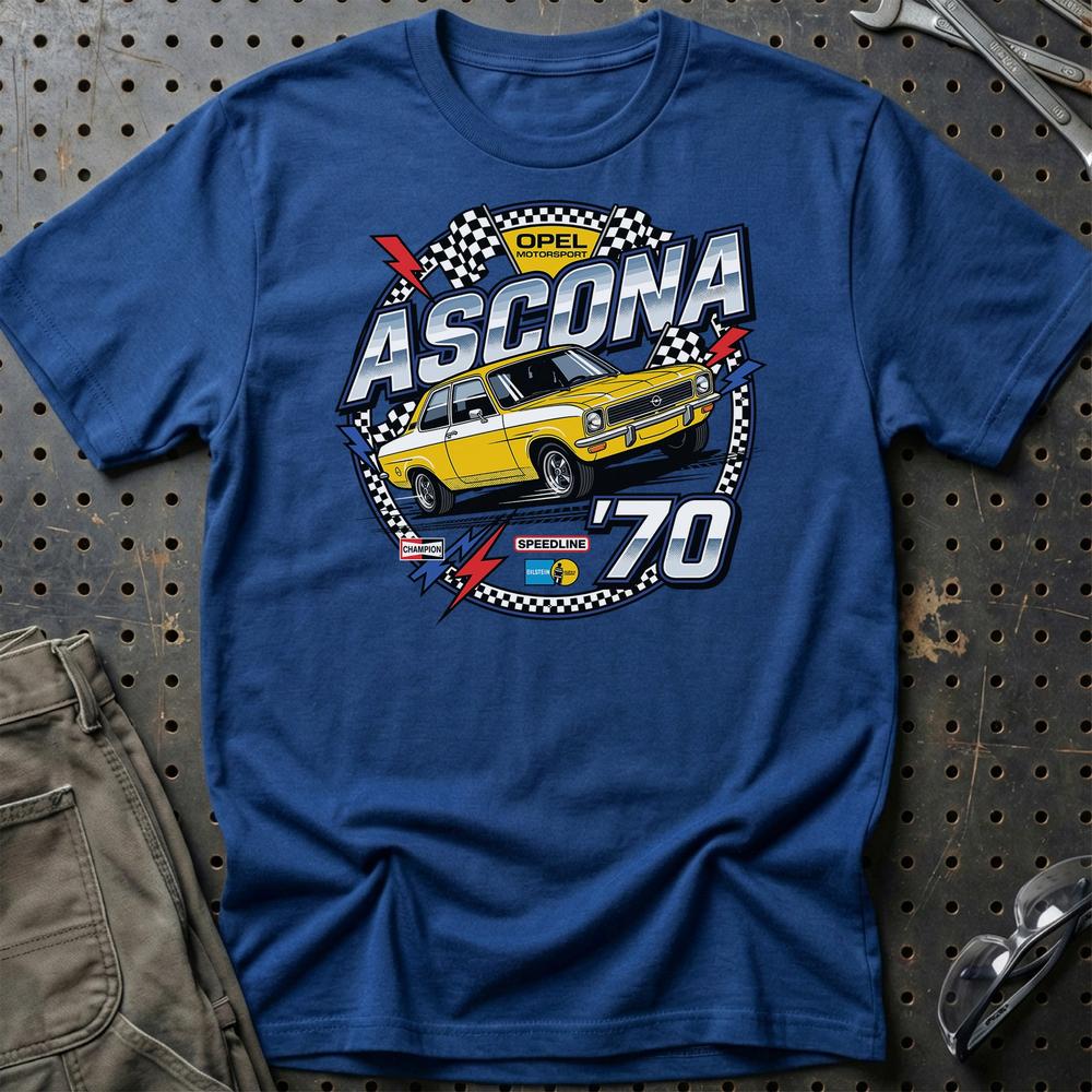 Opel Ascona A 1970 Motorsport Klassisk Ikon - Unisex T-Shirt-Beklædning-Opel-Blå Royal-S-Garage Culture Shop- garage - man cave - merchandise