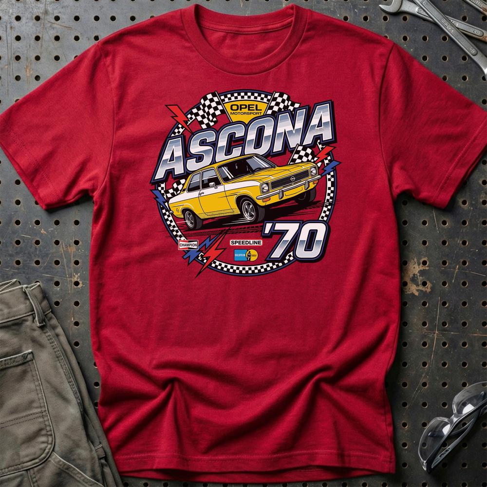 Opel Ascona A 1970 Motorsport Klassisk Ikon - Unisex T-Shirt-Beklædning-Opel-Rød-S-Garage Culture Shop- garage - man cave - merchandise