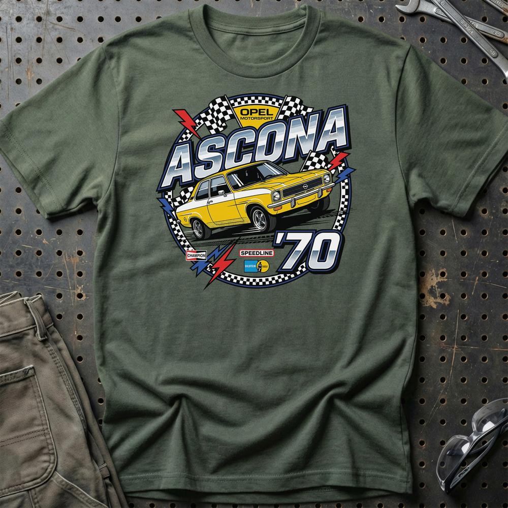 Opel Ascona A 1970 Motorsport Klassisk Ikon - Unisex T-Shirt-Beklædning-Opel-Grøn Militær-S-Garage Culture Shop- garage - man cave - merchandise