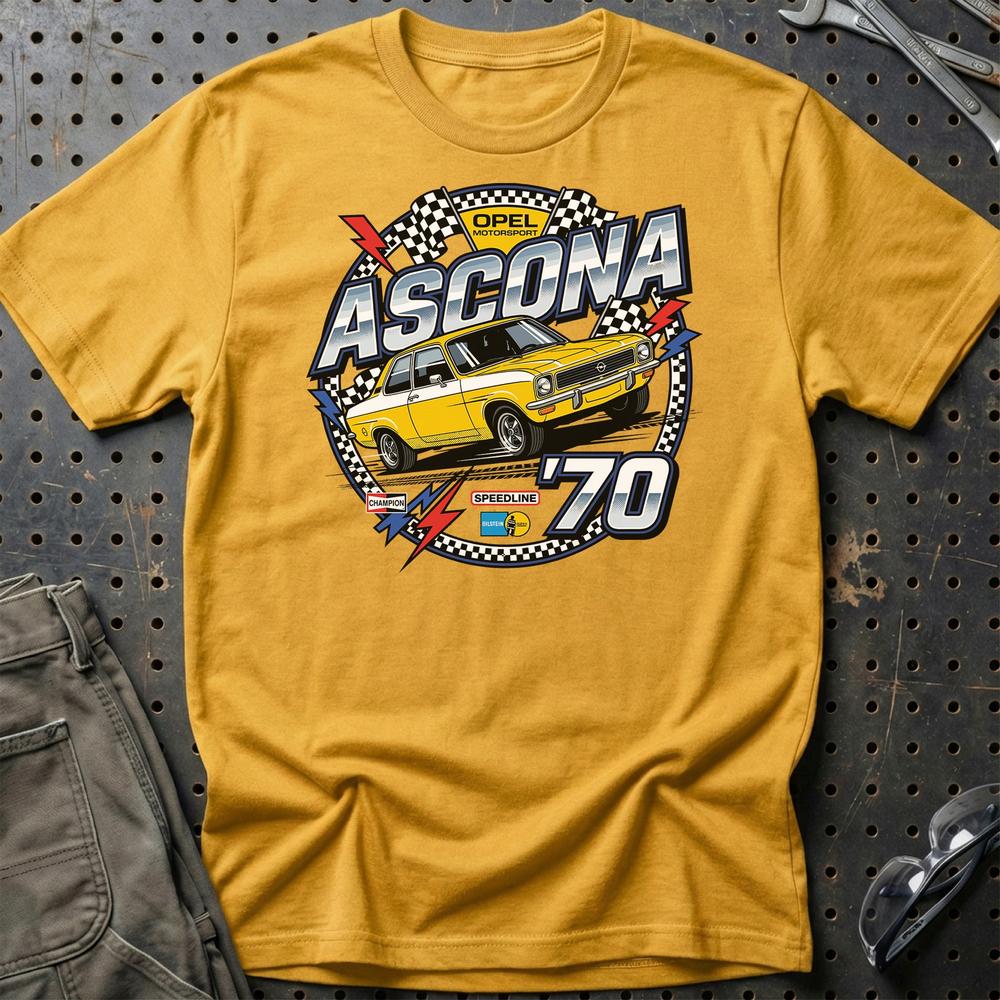 Opel Ascona A 1970 Motorsport Klassisk Ikon - Unisex T-Shirt-Beklædning-Opel-Guld-S-Garage Culture Shop- garage - man cave - merchandise