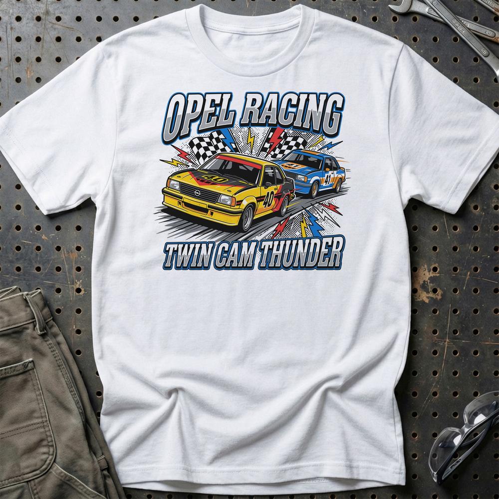 Opel Ascona B Twin Cam Racing 1970’er Klassiker - Unisex T-Shirt-Beklædning-Opel-Hvid-S-Garage Culture Shop- garage - man cave - merchandise