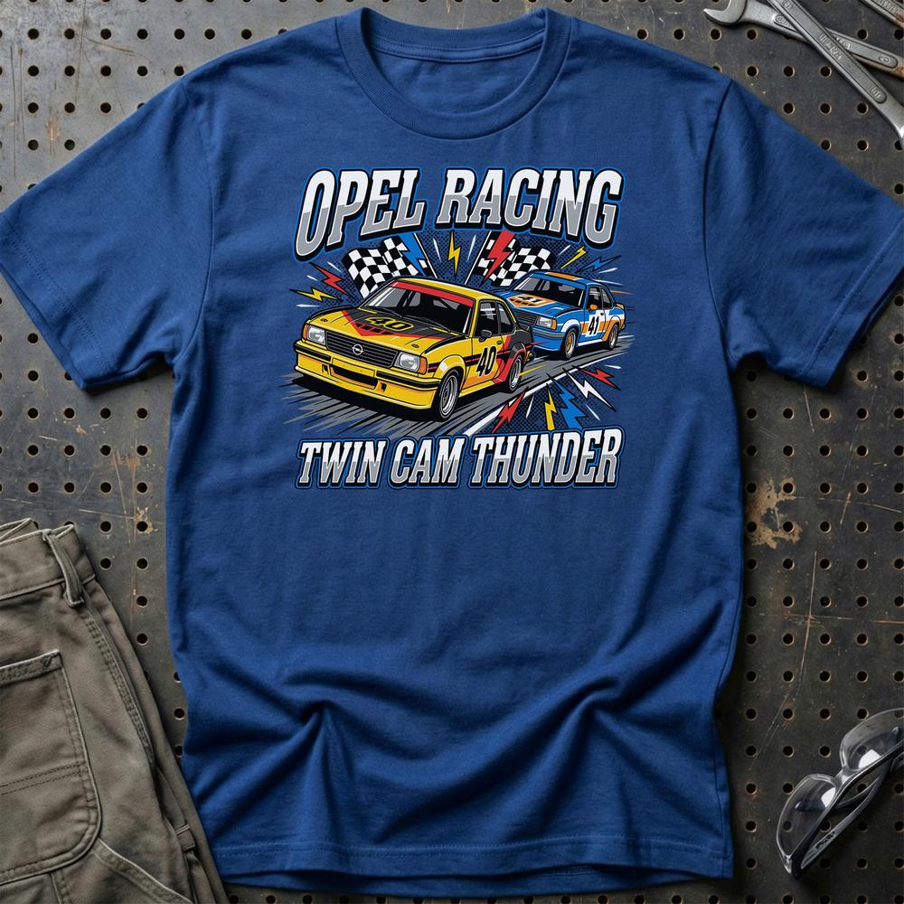 Opel Ascona B Twin Cam Racing 1970’er Klassiker - Unisex T-Shirt-Beklædning-Opel-Blå Royal-S-Garage Culture Shop- garage - man cave - merchandise