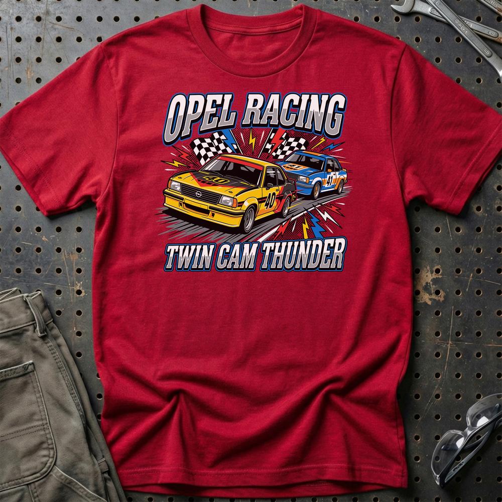Opel Ascona B Twin Cam Racing 1970’er Klassiker - Unisex T-Shirt-Beklædning-Opel-Rød-S-Garage Culture Shop- garage - man cave - merchandise
