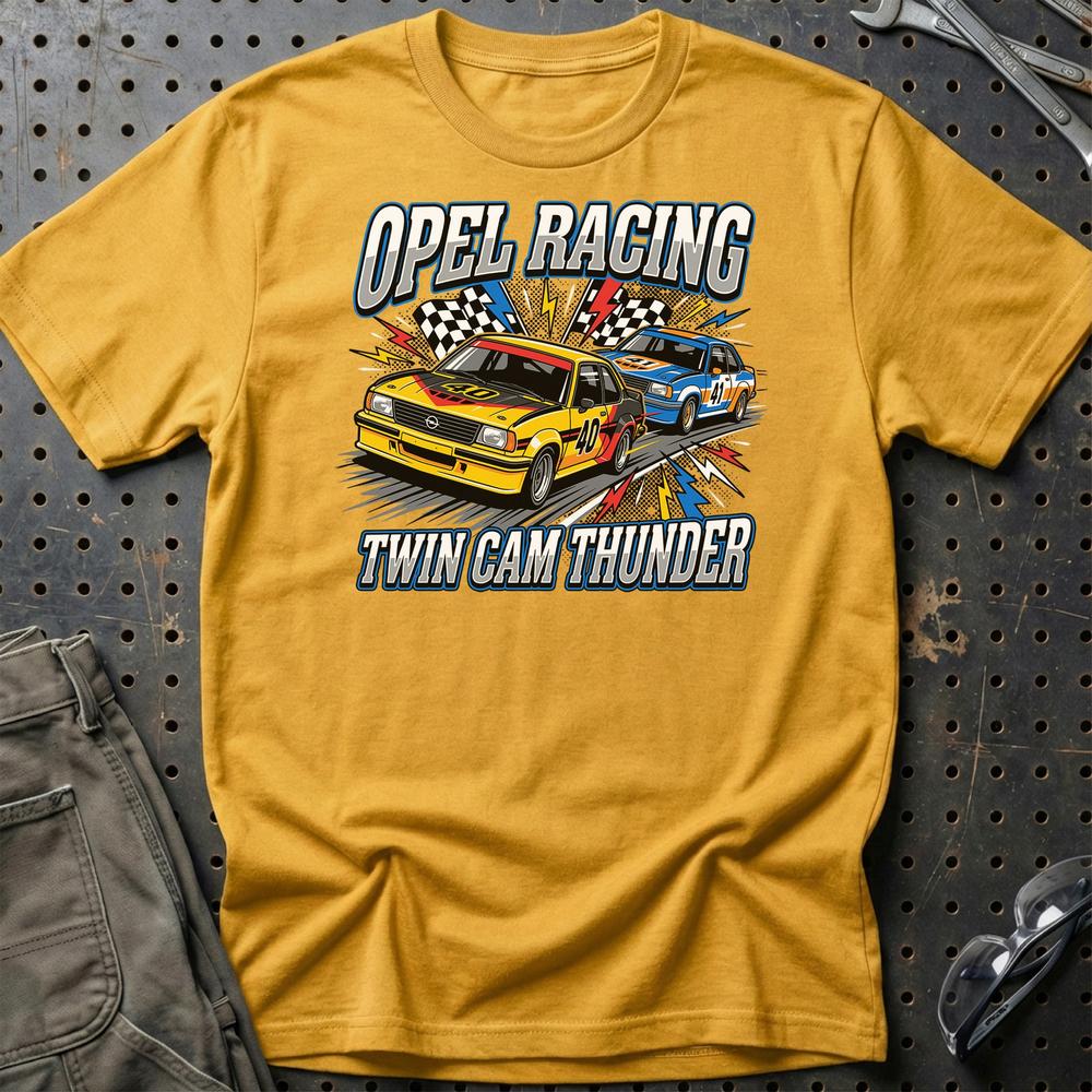 Opel Ascona B Twin Cam Racing 1970’er Klassiker - Unisex T-Shirt-Beklædning-Opel-Guld-S-Garage Culture Shop- garage - man cave - merchandise