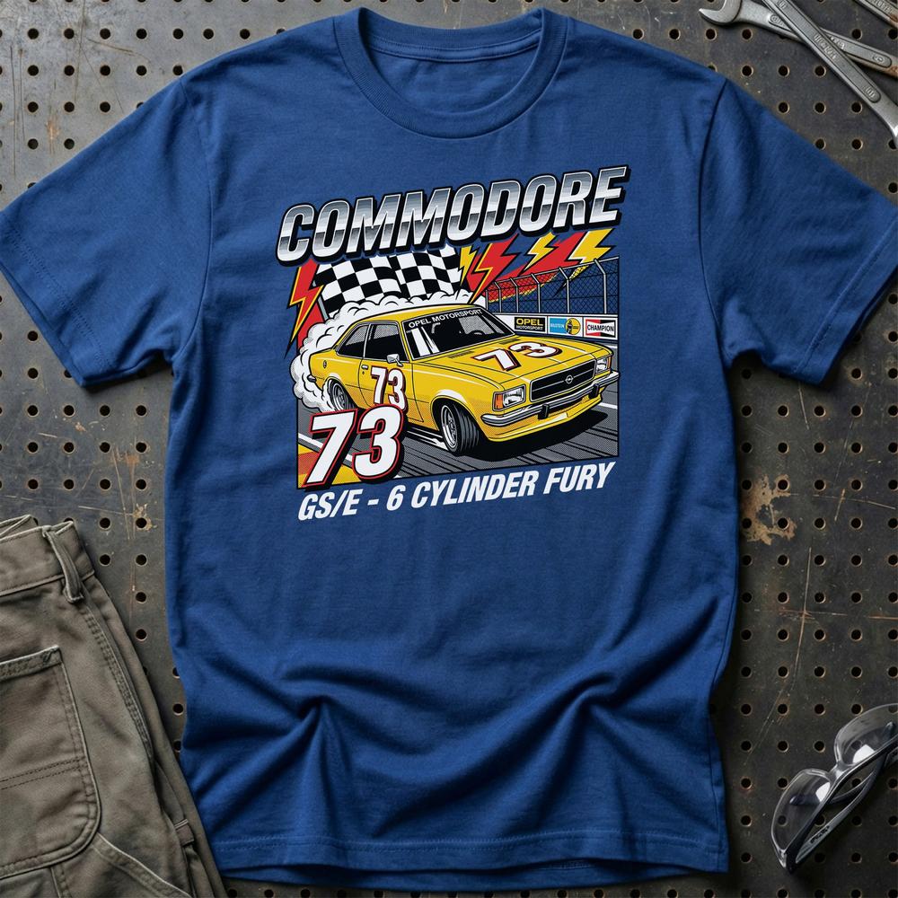 Opel Commodore B GS/E 1973 6 Cylinder Fury T-Shirt-Beklædning-Opel-Blå Royal-S-Garage Culture Shop- garage - man cave - merchandise