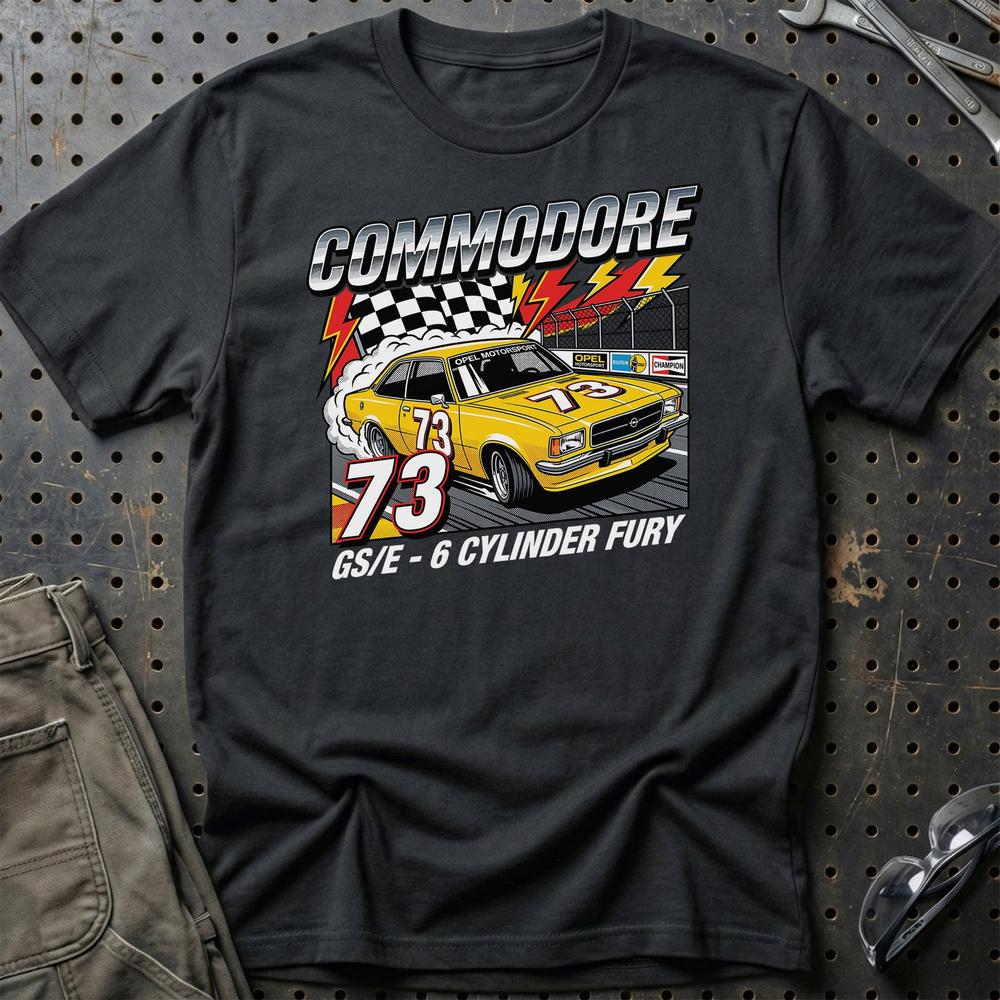 Opel Commodore B GS/E 1973 6 Cylinder Fury T-Shirt-Beklædning-Opel-Sort-S-Garage Culture Shop- garage - man cave - merchandise