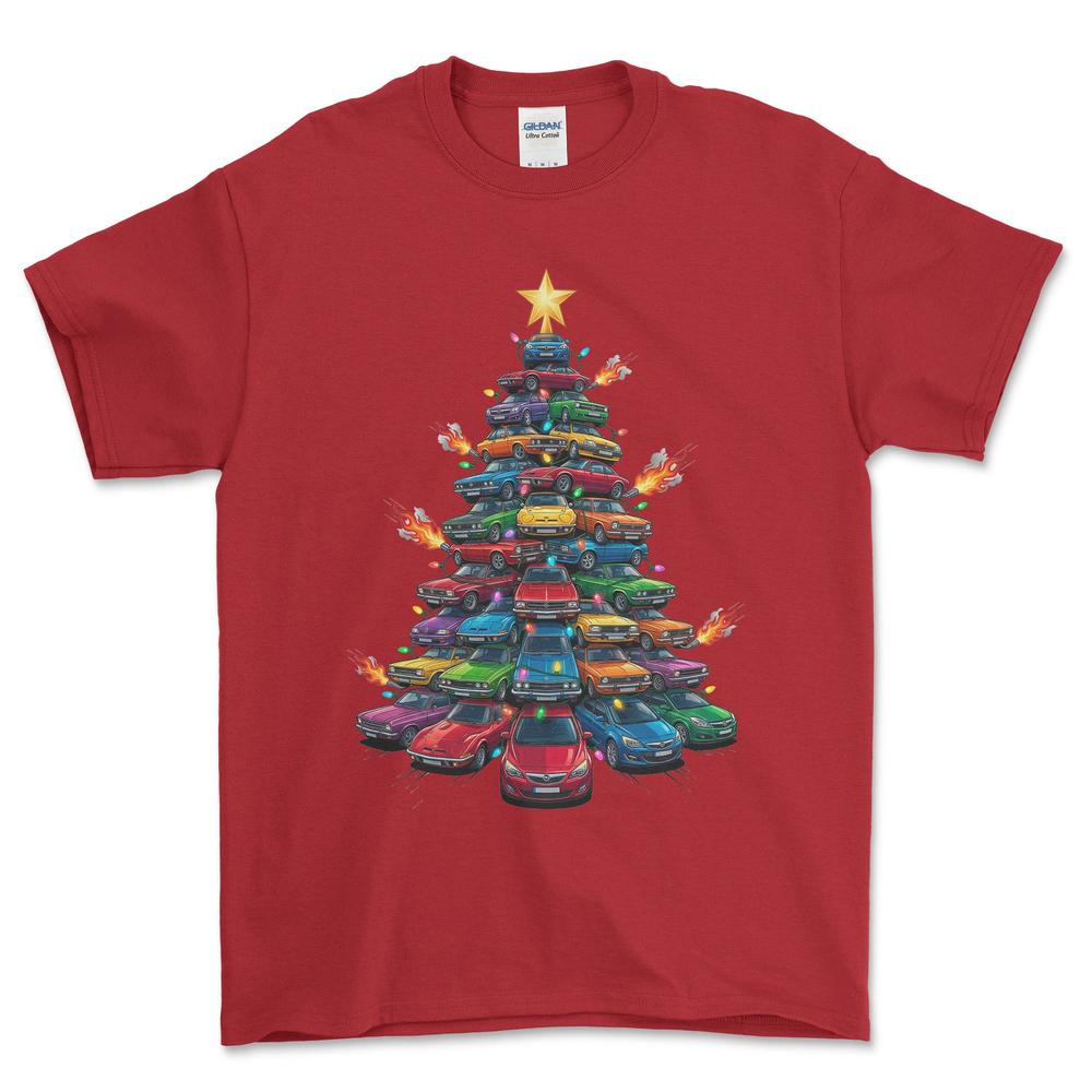 Opel Juletræ Christmas Tree - Unisex T-Shirt-Beklædning-Opel-Rød-S-Forside-Garage Culture Shop- garage - man cave - merchandise
