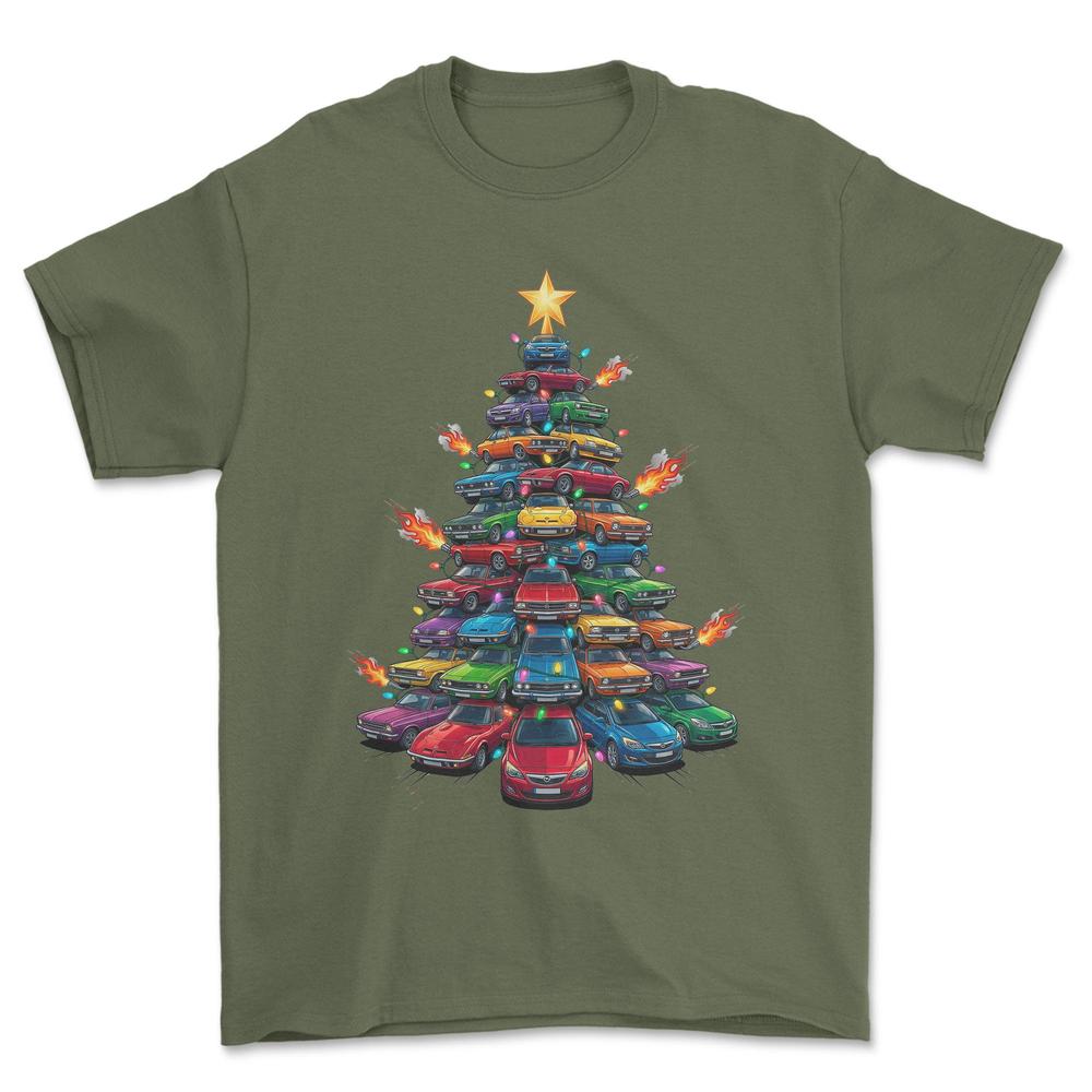 Opel Juletræ Christmas Tree - Unisex T-Shirt-Beklædning-Opel-Grøn Militær-S-Forside-Garage Culture Shop- garage - man cave - merchandise