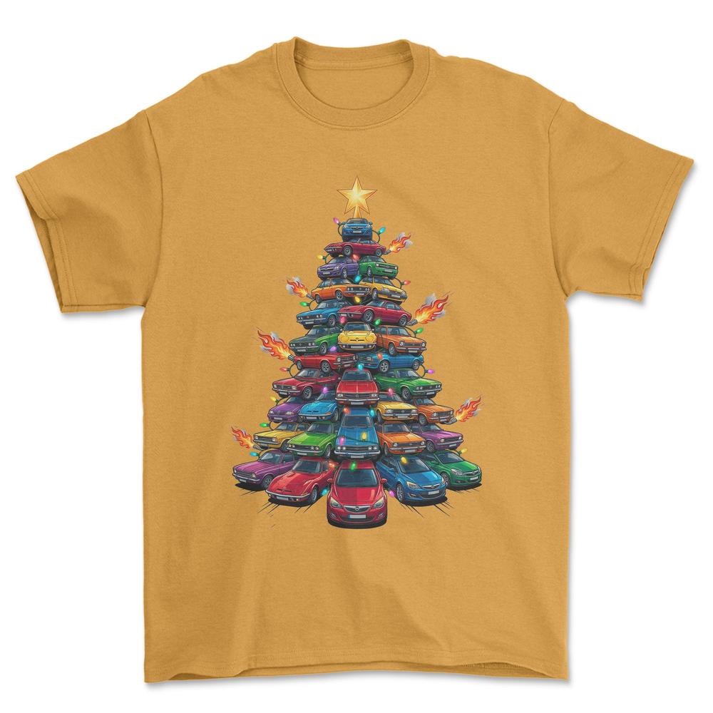 Opel Juletræ Christmas Tree - Unisex T-Shirt-Beklædning-Opel-Guld-S-Forside-Garage Culture Shop- garage - man cave - merchandise