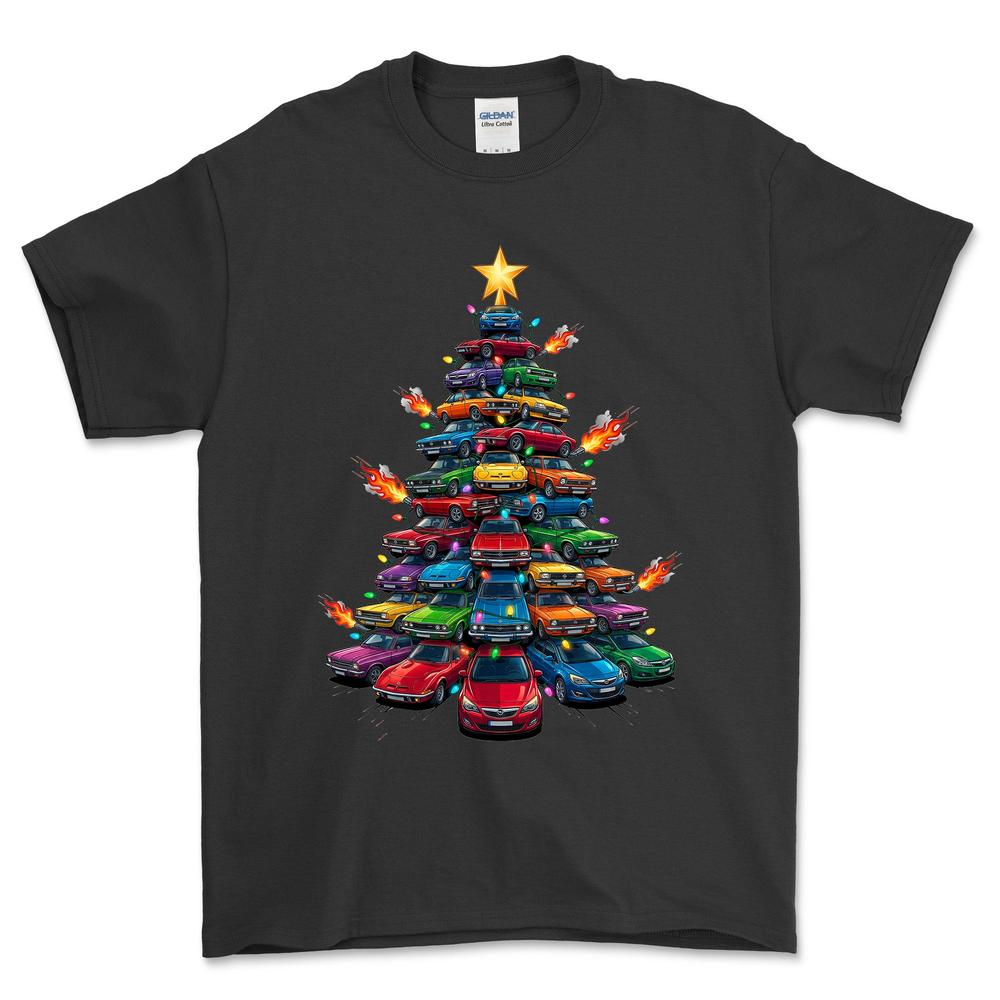 Opel Juletræ Christmas Tree - Unisex T-Shirt-Beklædning-Opel-Sort-S-Forside-Garage Culture Shop- garage - man cave - merchandise