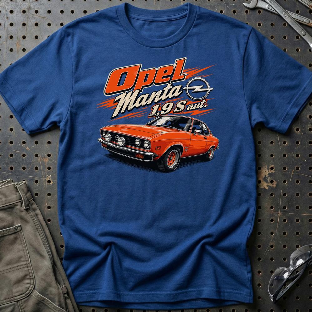 Opel Manta 1,9 T-Shirt-Beklædning-Opel-Blå Royal-S-Garage Culture Shop- garage - man cave - merchandise