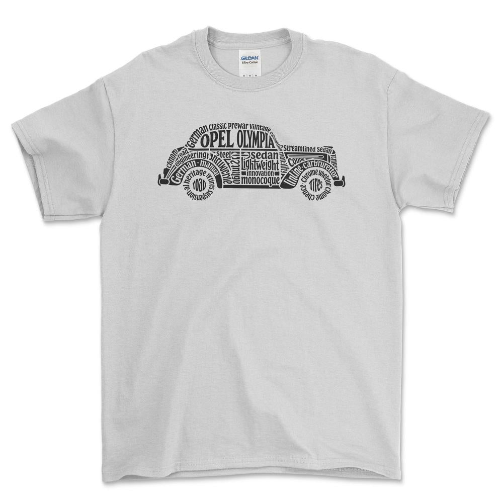 Opel Olympia Old School Typography T-Shirt-Beklædning-Opel-Hvid-S-Garage Culture Shop- garage - man cave - merchandise