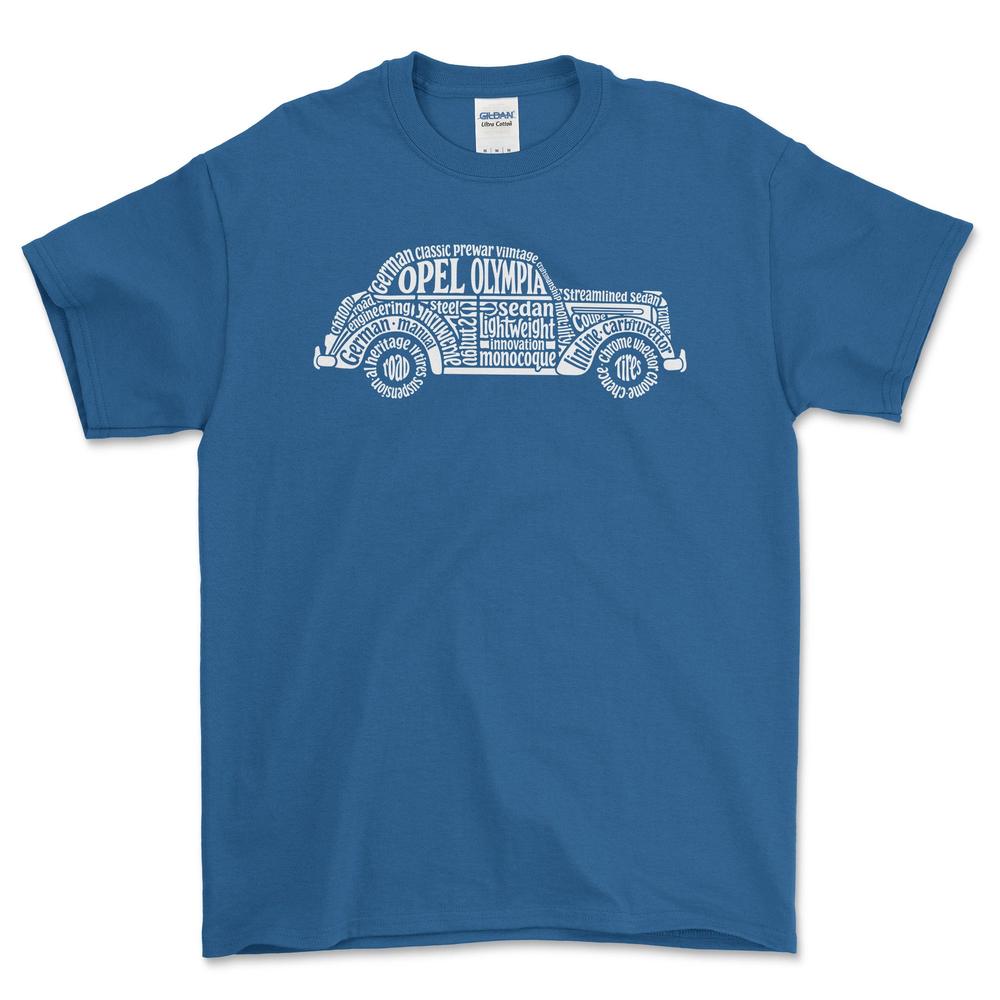 Opel Olympia Old School Typography T-Shirt-Beklædning-Opel-Blå Royal-S-Garage Culture Shop- garage - man cave - merchandise