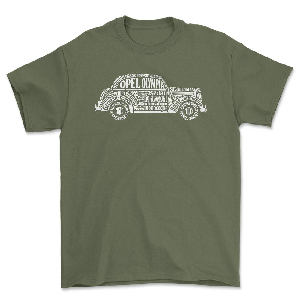 Opel Olympia Old School Typography T-Shirt-Beklædning-Opel-Grøn Militær-S-Garage Culture Shop- garage - man cave - merchandise