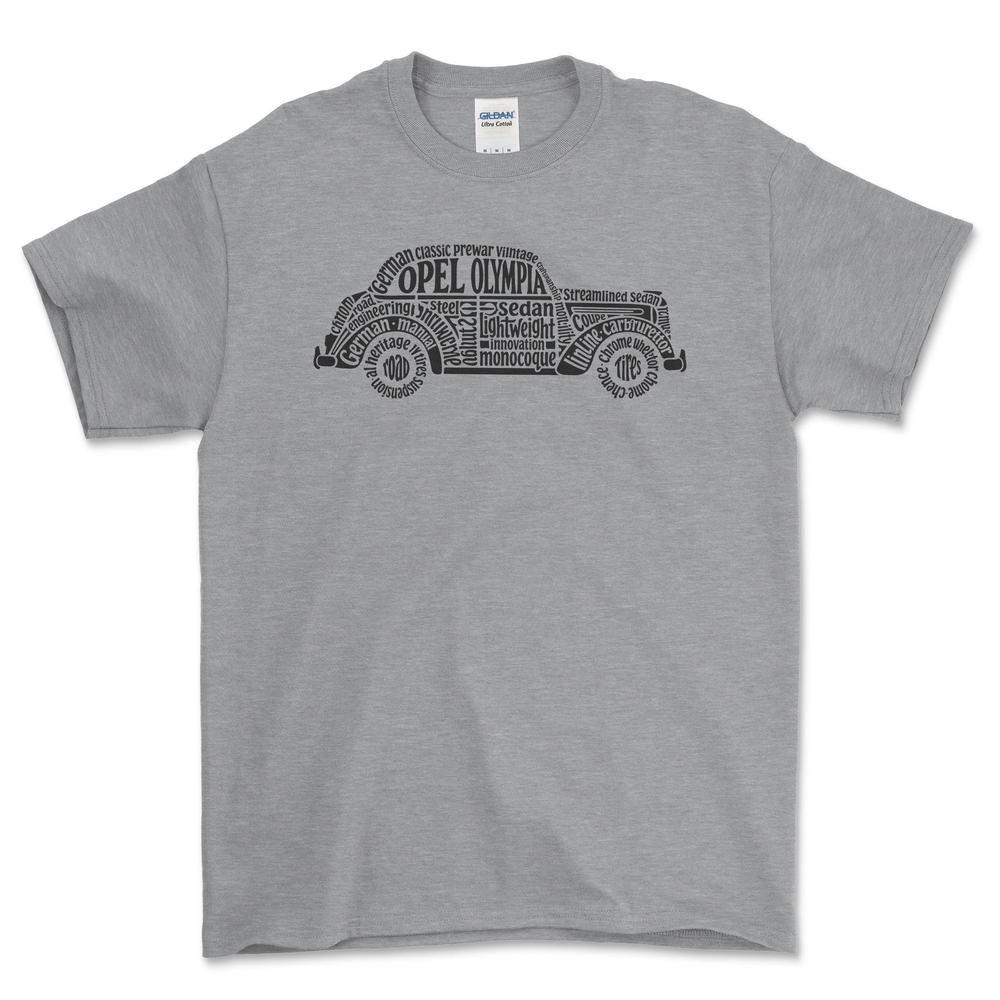 Opel Olympia Old School Typography - Unisex T-Shirt-Beklædning-Opel-Grå Sport-S-Forside-Garage Culture Shop- garage - man cave - merchandise