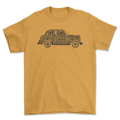 Opel Olympia Old School Typography - Unisex T-Shirt-Beklædning-Opel-Guld-S-Forside-Garage Culture Shop- garage - man cave - merchandise