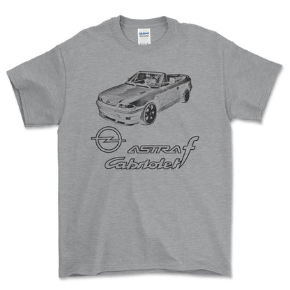 Opel - Opel Astra F Cabrio Unisex T-Shirt , Bomuld-Beklædning-Opel-Grå Sport-S-Forside-Garage Culture Shop- garage - man cave - merchandise
