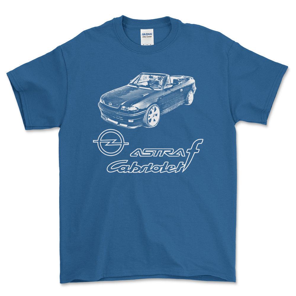Opel - Opel Astra F Cabrio Unisex T-Shirt , Bomuld-Beklædning-Opel-Blå Royal-S-Forside-Garage Culture Shop- garage - man cave - merchandise