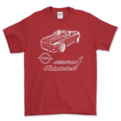 Opel - Opel Astra F Cabrio Unisex T-Shirt , Bomuld-Beklædning-Opel-Rød-S-Forside-Garage Culture Shop- garage - man cave - merchandise